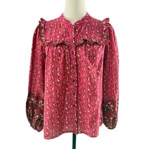 Joie Floral Boho Peasant Button Down Top with Ruffle Detail, Size M